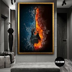 fire and water and guitar surrealist design hooks print wall decor, ready to hang wall print, design canvas painting, ca
