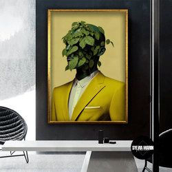 iconic design man with ivy head canvas print wall decoration, modern art painting, man in suit painting, ready to hang c