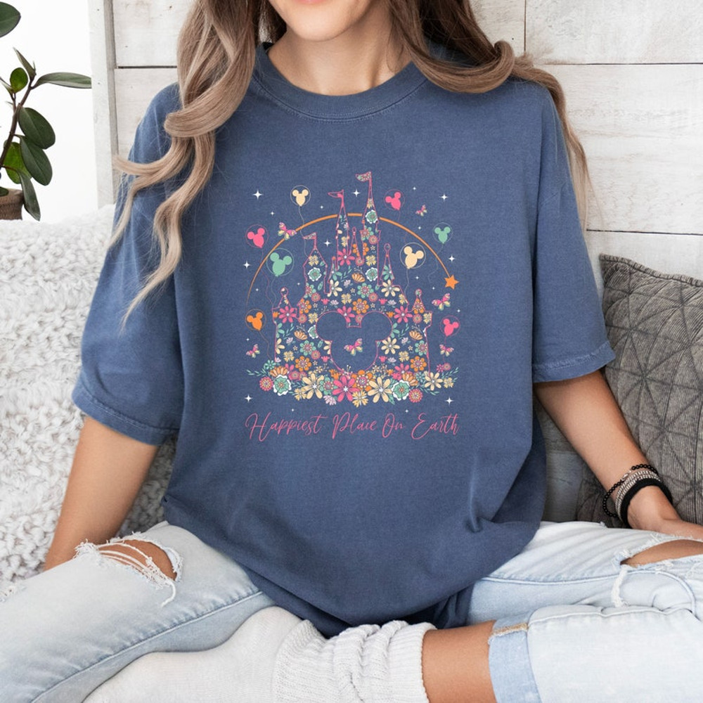Comfort Colors Happiest Place on Earth T Shirt, Disneyland Floral Castle Shirt, Mickey Balloon Shirt, Magical Kingdom Shirt, Castle Shirt2.jpg