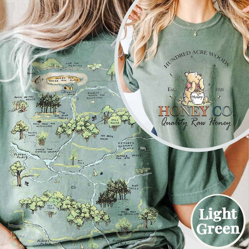Two-Sided Winnie the Pooh Honey Co Shirt, Hundred Acre Wood Map Shirt, Vintage Pooh Bear Shirt, Comfort Color Shirt1.jpg