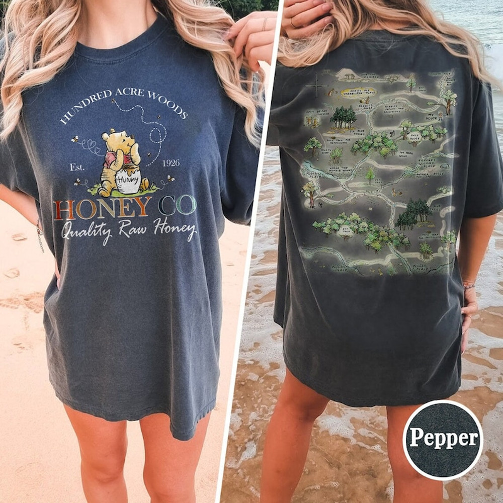 Two-Sided Winnie the Pooh Honey Co Shirt, Hundred Acre Wood Map Shirt, Vintage Pooh Bear Shirt, Comfort Color Shirt2.jpg