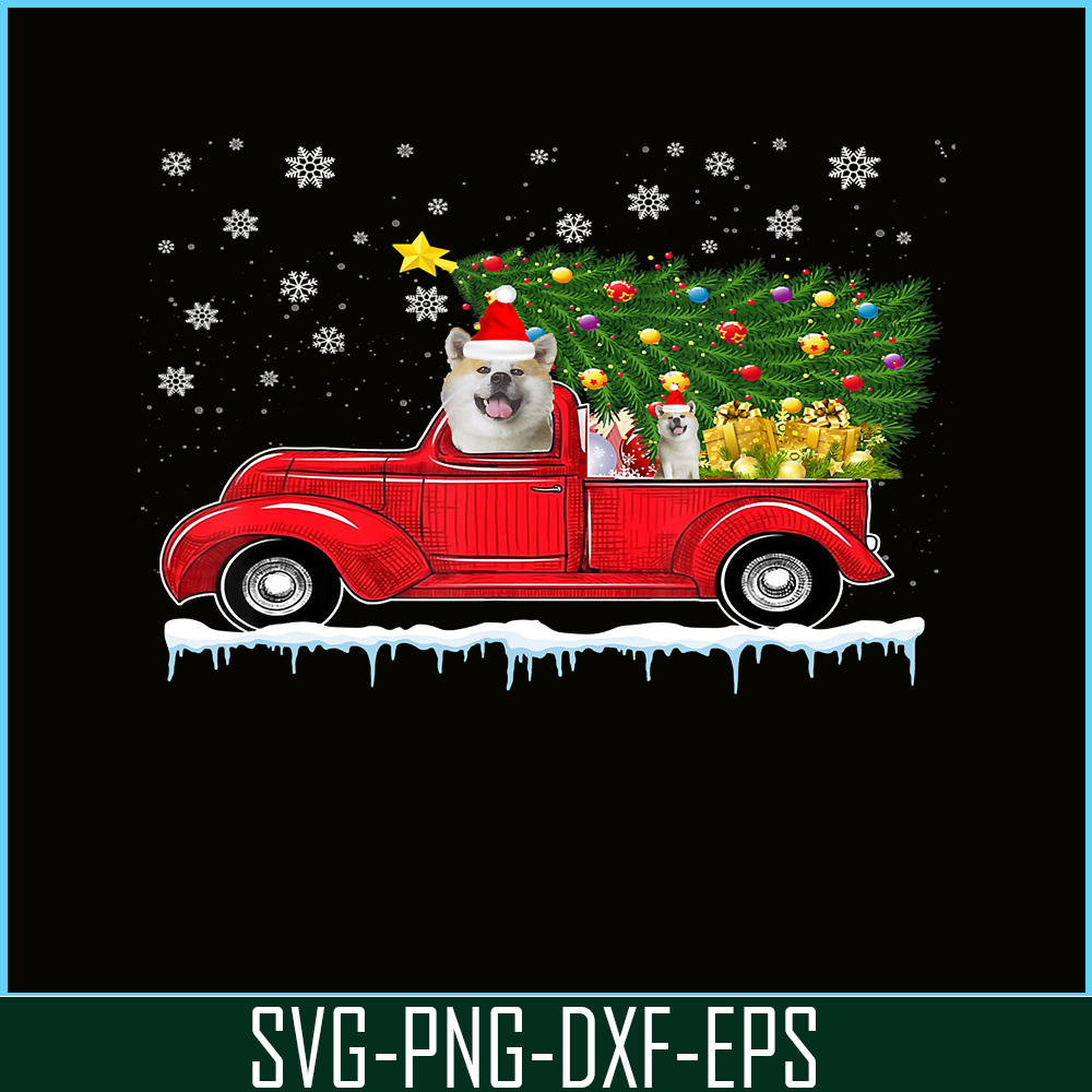 PNG14102372-Akita Red Car Truck Christmas Tree Funny Santa Xmas Dog T-Shirt Png.png