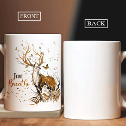 white mug - brown deer, orange butterfly, flower field - gift mug