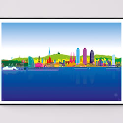 poster artwork architecture, vibrant barcelona skyline from the sea