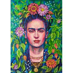 Frida Kahlo floral portrait original painting Frida painting pink green purle art flowers