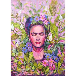 Frida Kahlo portrait floral painring Frida wall art original