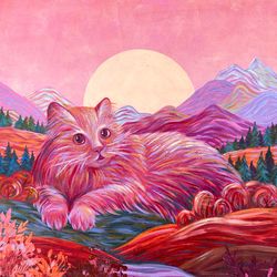 Large Cat in Landscape painting original art pink orange wall art