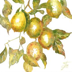 Lemon painting original art yellow fruit watercolor wall art botanical artwork