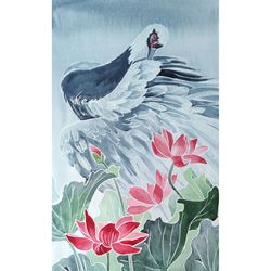 JAPANESE CRANE AMONG FLOWERING WATER LILIES original watercolor painting
