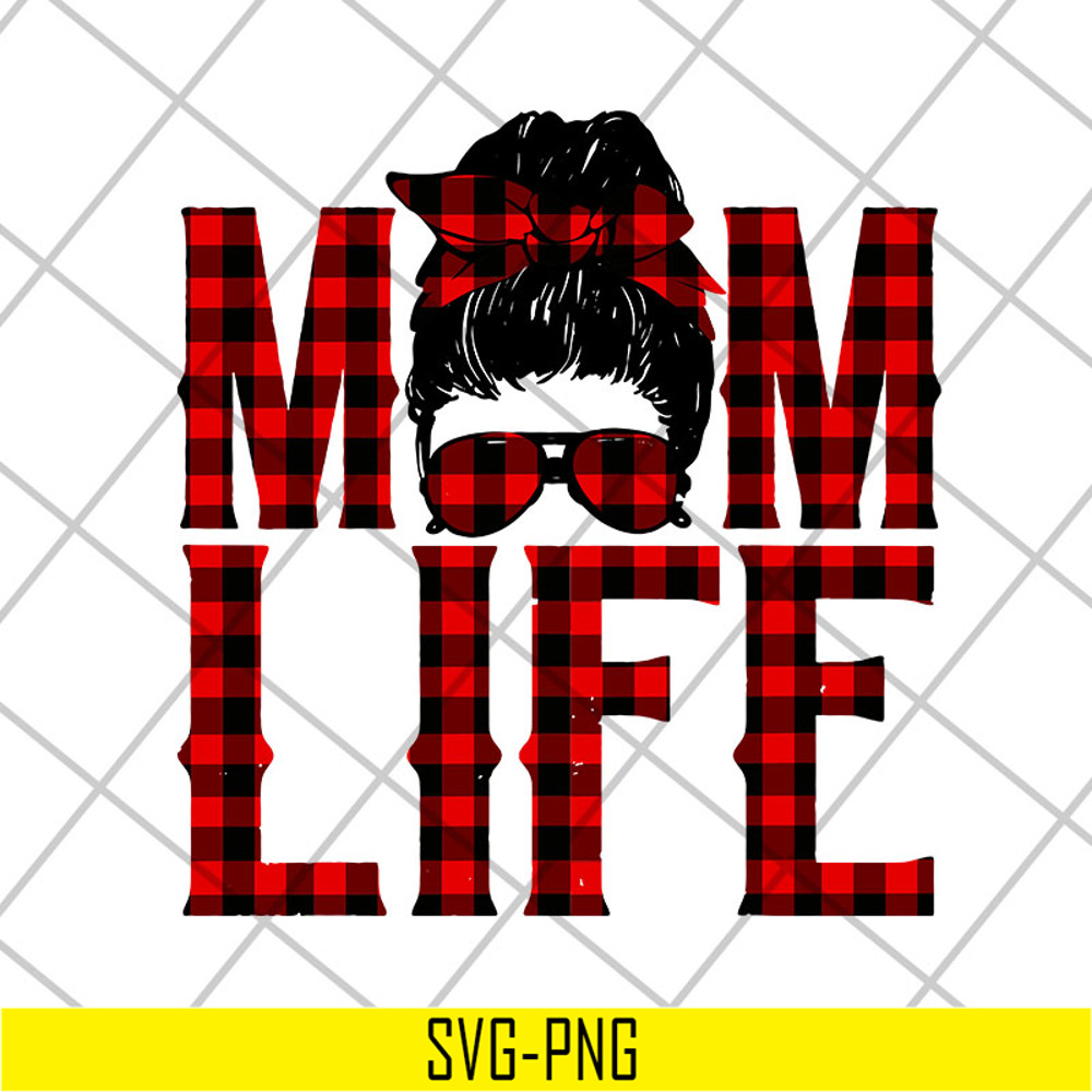 MTD23042140-Red plaid messy hair bun mom life svg, Mother's day svg, eps, png, dxf digital file MTD23042140.jpg