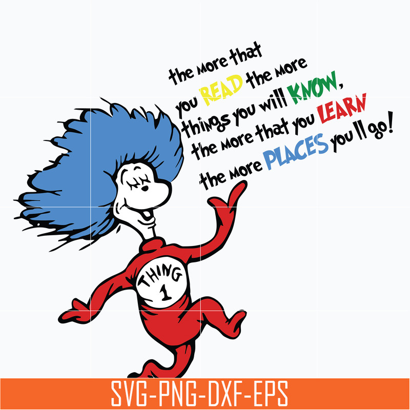 DR0302214-The more that you read, the more things you will know, the more that you learn, the more places you'll go svg, dr seuss svg, png, dxf, eps digital fil