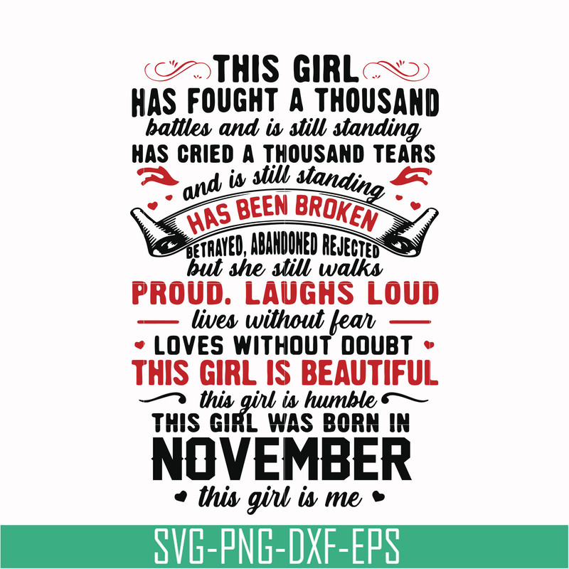 NBD0106-This girl has fought a thousand battles and is still standing svg, This girl was born in November svg, birthday svg, png, dxf, eps digital file NBD0106.