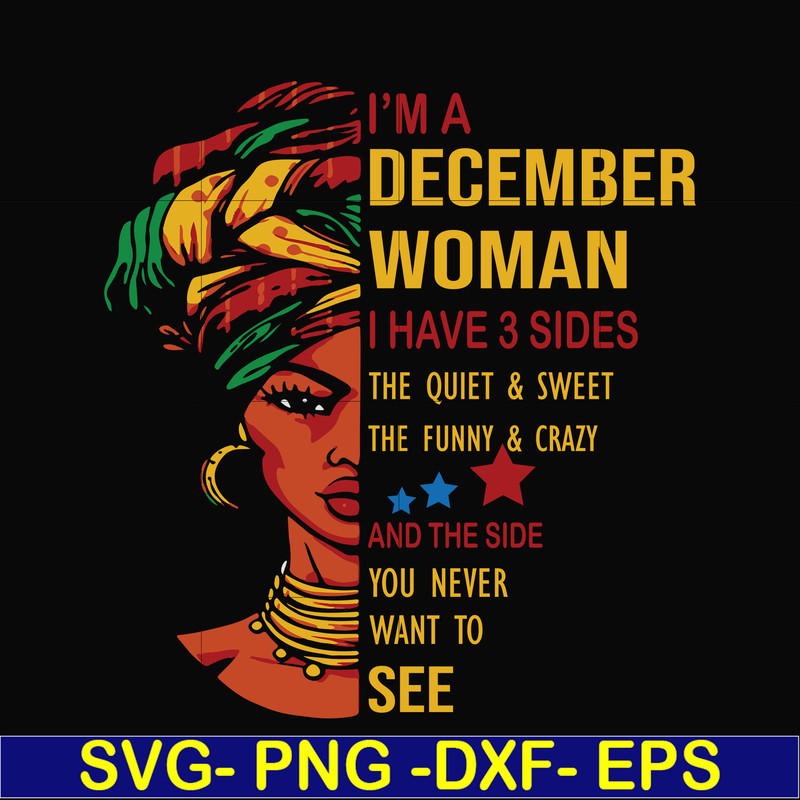 BD0107-I'm a December woman i have a 3 sides the quiet & sweet the funny & crazy and the side you never want to see svg, birthday svg, png, dxf, eps digital fil