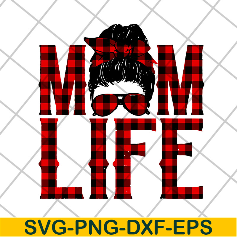 MTD23042140-Red plaid messy hair bun mom life svg, Mother's day svg, eps, png, dxf digital file MTD23042140.jpg