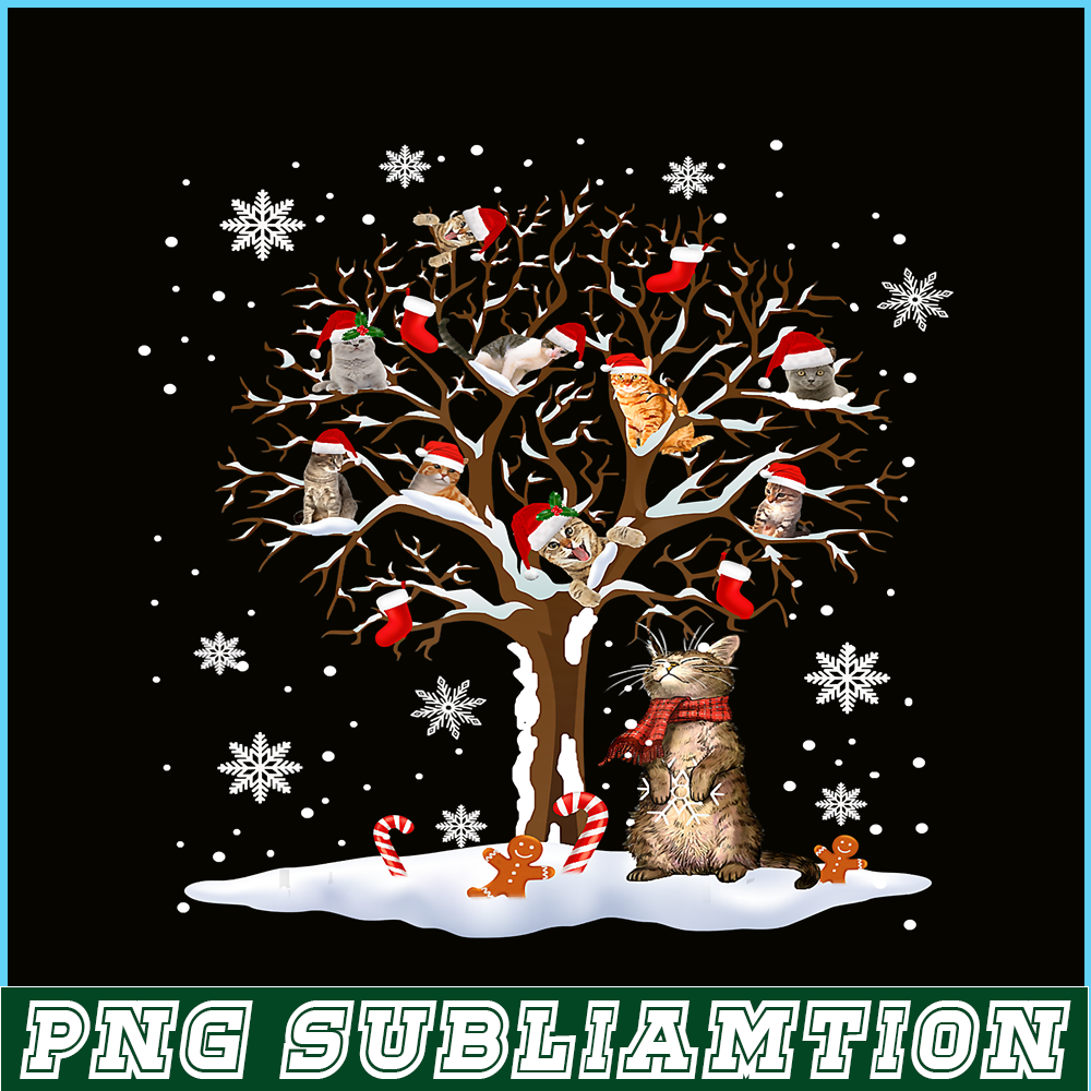 PNG141023121-Cats In Snow Tree Winter Christmas Santa Hat X-mas Gift T-Shirt Png.png