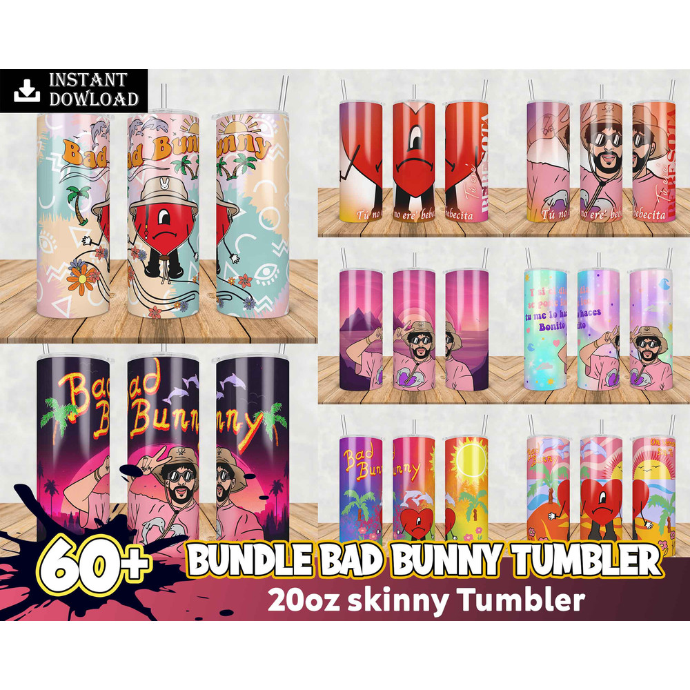 60 Bad Bunny 20oz Skinny Tumbler Sublimation Designs for Straight Tumbler Design, PNG Digital Download.jpg