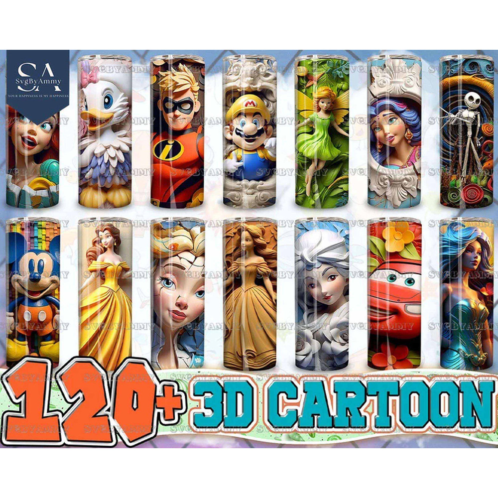 3D All Styles Cartoon 20oz Skinny Tumbler Bundle, Subimation Digital Download, 3D Floral Movie Tumber, Cartoon Tumbler Design PNG.jpg