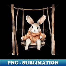 watercolor painting style of a baby bunny sitting on a playground swing wearing a scalf and a wool hat - signature sublimation png file - defying the norms