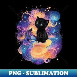 night magic black kitten sitting on pink clouds under a starry sky - modern sublimation png file - create with confidence