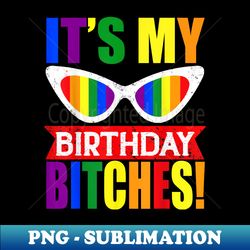 it's my birthday bitches! lgbt gay pride rainbow glasses - sublimation-ready png file - vibrant and eye-catching typography
