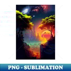 synthwave cyberpunk city in a forest - trendy sublimation digital download - stunning sublimation graphics
