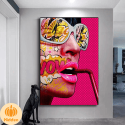 pop art women canvas wall art, woman with pink lipstick canvas wall art, woman with tattoos canvas print art, pink straw