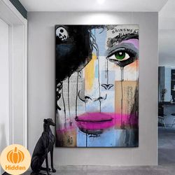 portrait of woman with make-up canvas wall art, woman with pink lipstick canvas wall art, graffiti woman canvas print ar