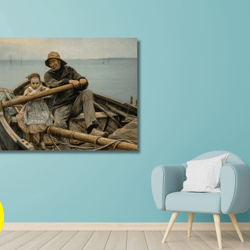 helping hand, 1881, emile renouf, old fisherman helping ,young girl to row the boat,extra large wall art,ready to hang