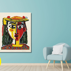 pablo picasso wall art, pablo picasso   woman in a hat with pompoms and a printed blouse painting art, pablo picasso   c