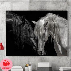 black and white twin horses canvas wall art painting, animal horse canvas painting, wild animal canvas poster, horse can