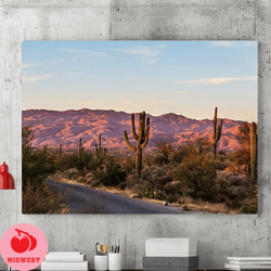 desert sunset canvas wall art painting, national park saguaro poster, summer cactus landscape art, pink mountain paintin
