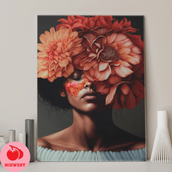 flowerhead wall art,beautiful woman with flowers,floral home decor,modern botanical prints,home office decor
