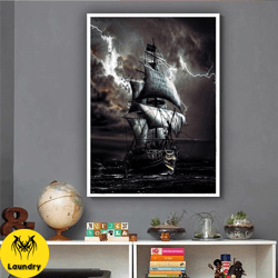 ship among lightnings canvas wall art , rain and thunder canvas painting, ships canvas print , office decor , modern hom