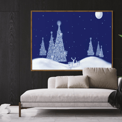 snowman trees and deer canvas print art, deer walking on snow ready to hang on wall canvas print art, landscape canvas p