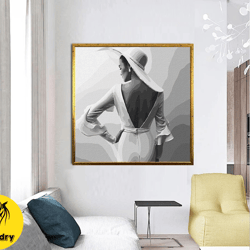 woman in white hat canvas wall art , woman turned canvas painting , sexi woman in white dress canvas painting , modern h