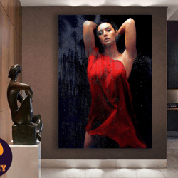 crimson muse,contemporary art, sensual portrait, red dress, modern decor, elegant wall art, figure painting, provocative