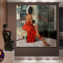 scarlet elegance modern fashion canvas art,canvas art, elegance, red dress, urban landscape, sophistication, feminine, g