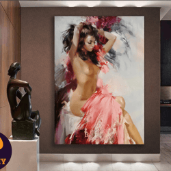 vivacious in vermilion,dance art, figurative painting, elegant home decor, wall art, movement, passion, red dress, dynam