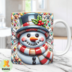 3D Inflated Snowman Mug Wrap Christmas Mug Wrap Sublimation Design PNG 15oz and 11oz Coffee Cup Template 3D Floral Snowm