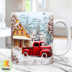 3D Red Truck Mug Wrap, Vintage Christmas Mug Wrap Sublimation Design PNG, 11oz and 15oz Coffee Cup Template, 3D Christma