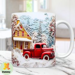 3d red truck mug wrap, vintage christmas mug wrap sublimation design png, 11oz and 15oz coffee cup template, 3d christma