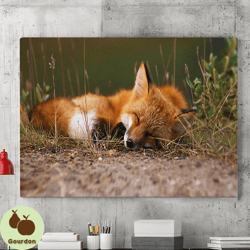 fox in sleeping canvas wall art painting, canvas wall decoration, fox painting, animal poster, living room wall art, hom