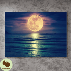 huge full moon over the sea,coastal moon artwork,night sky decor,ocean moonlight painting,beach house wall art,lunar lan