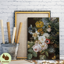 rose bouquet romantic garden painting, vintage floral wall painting, dark floral canvas wall art, dutch master art paint