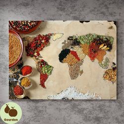 spice world map canvas.kitchen wall art.culinary artwork.foodie gift.gastronomy print.global flavors.herb spices decor