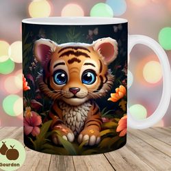 3d baby tiger mug wrap, 11oz and 15oz mug template, mug sublimation design, flowers mug wrap template, instant digital d