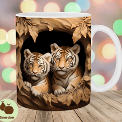 3d baby tigers mug wrap, 11oz 15oz mug template, mug sublimation design, hole in a wall mug wrap template, instant digi