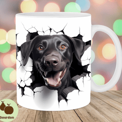 3d black labrador hole in a wall mug wrap, 11oz 15oz mug template, mug sublimation design, mug wrap template, instant d