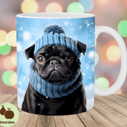 3d black pug christmas mug wrap, 11oz  15oz mug template, mug sublimation design, dog mug wrap template, instant digital