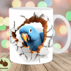3d blue parrot mug wrap, 11oz 15oz mug template, mug sublimation design, hole in a wall mug wrap template, instant digi